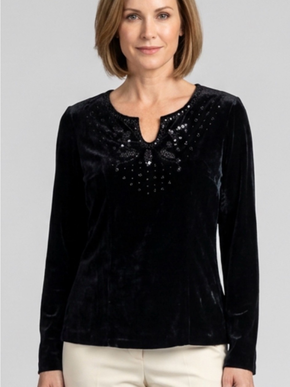Emma James Black Velvet Embellished Long-Sleeve Top Perfect for Holiday Season